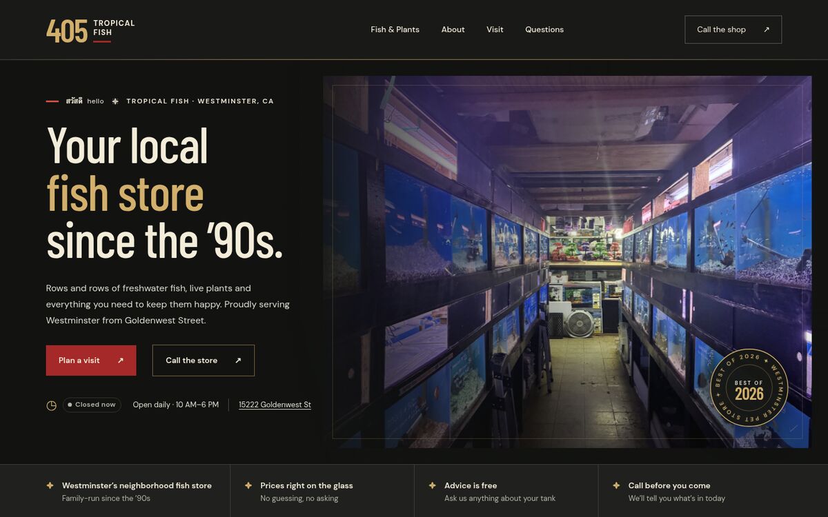 405 Tropical Fish homepage on a desktop screen: headline 'Your local fish store since the '90s' beside a photo of the shop's aquarium rows